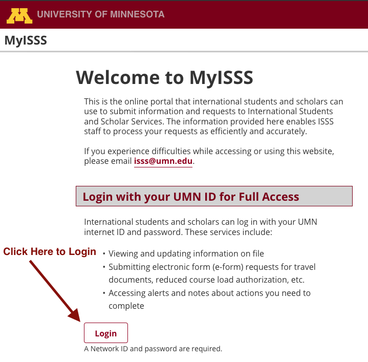 a screenshot of the MyISSS welcome page with an arrow pointing to the login button