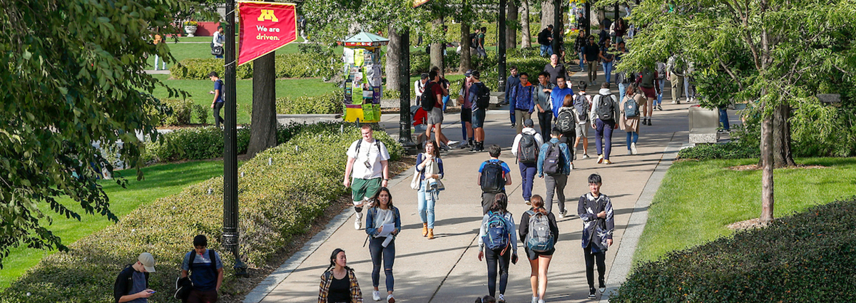 Students walking on sunny campus.