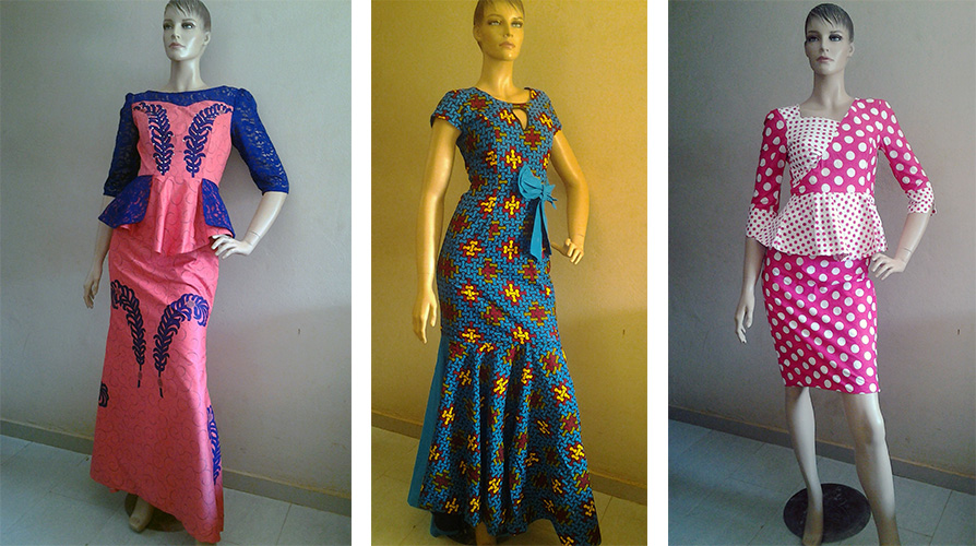 Three dresses: Floor length pink and purple with a peplum waist, floor length blue dress with a red and yellow pattern and a blue bow, and a peplum shirt and skirt set in pink and white polka dots of various sizes