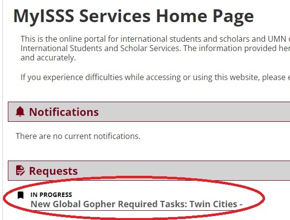 a screenshot of the MyISSS welcome page with a circle around the required tasks