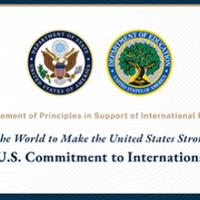 Seals of the U.S. Departments of State and Education with the text "Joint Statement of Principles in Support of International Education: Reengaging the World to Make the United States Stronger at Home A Renewed U.S. Commitment to International Education"
