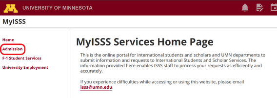 Admission circled in the left menu of MyISSS