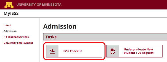 The Admission page on MyISSS, with "ISSS Check-In" circled in red