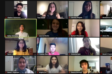 Screenshot of a Zoom screen showing 16 of the excited student ambassadors