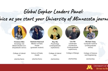 Screenshot of a presentation showing 5 international students and the text "Global Gopher Leaders Panel: Advice as you start your University of Minnesota journey!"
